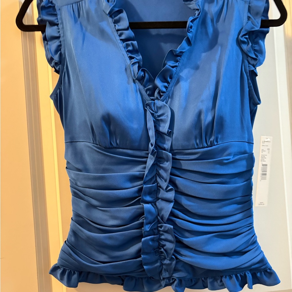 ANTONIO MELANI Blue Ruched Ruffled Cap Sleeve Blouse